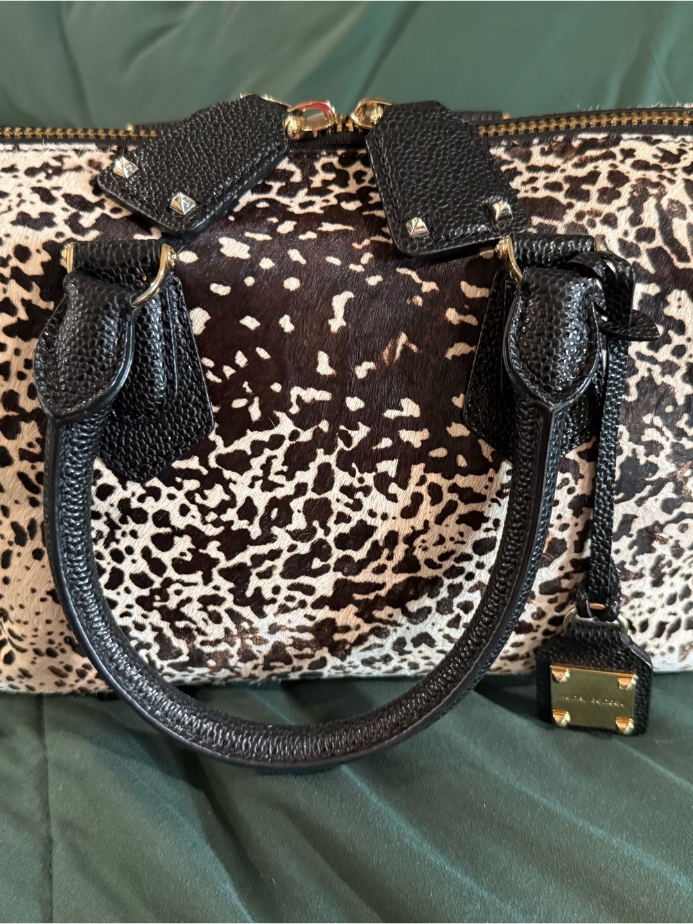 Black and White Cowhide-Print Satchel with Black Leather Trim